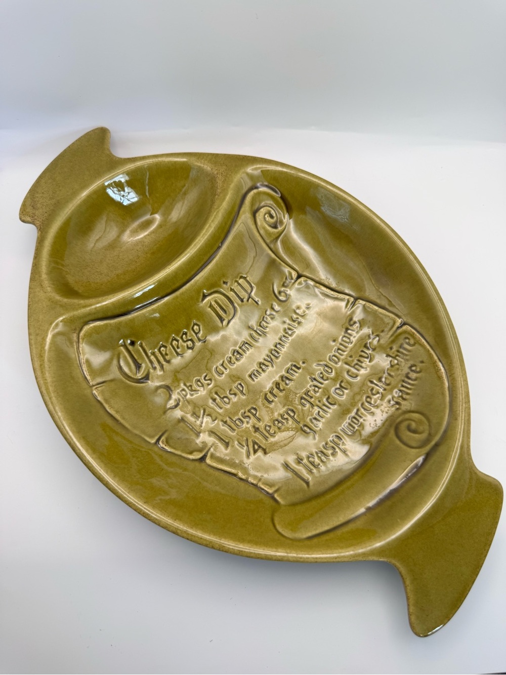 Cheese Dip Dish Recipe California Pottery VTG EUC **Festive** olive green